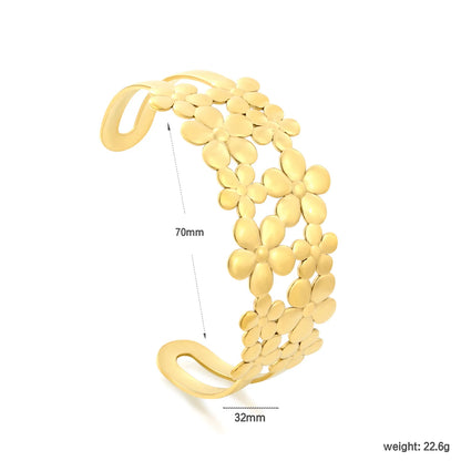 Hollow Multi Flower Open Cuff Bangle | 32mm Band Width | 70mm Inner Length | 18K Gold Plated Stainless Steel Floral Wide Wrist Cuff Bulk Order MOQ 12