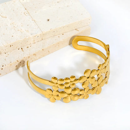 Hollow Multi Flower Open Cuff Bangle | 32mm Band Width | 70mm Inner Length | 18K Gold Plated Stainless Steel Floral Wide Wrist Cuff Bulk Order MOQ 12