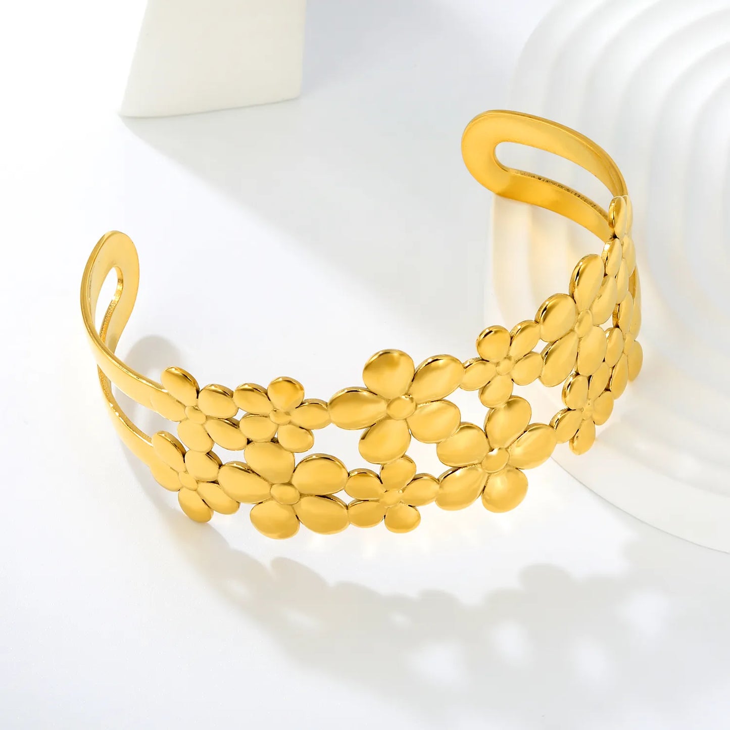 Hollow Multi Flower Open Cuff Bangle | 32mm Band Width | 70mm Inner Length | 18K Gold Plated Stainless Steel Floral Wide Wrist Cuff Bulk Order MOQ 12