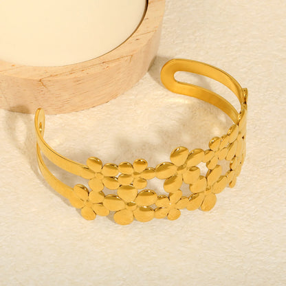 Hollow Multi Flower Open Cuff Bangle | 32mm Band Width | 70mm Inner Length | 18K Gold Plated Stainless Steel Floral Wide Wrist Cuff Bulk Order MOQ 12