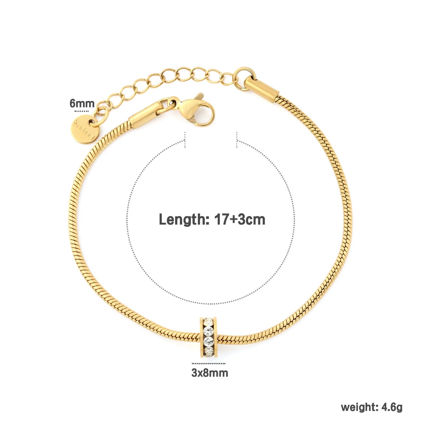 Vertical Triple Zircon Barrel Slider Charm Slim Snake Chain Adjustable Bracelet | Minimalist Dainty Wrist Chain Bulk Stock For Wholesale
