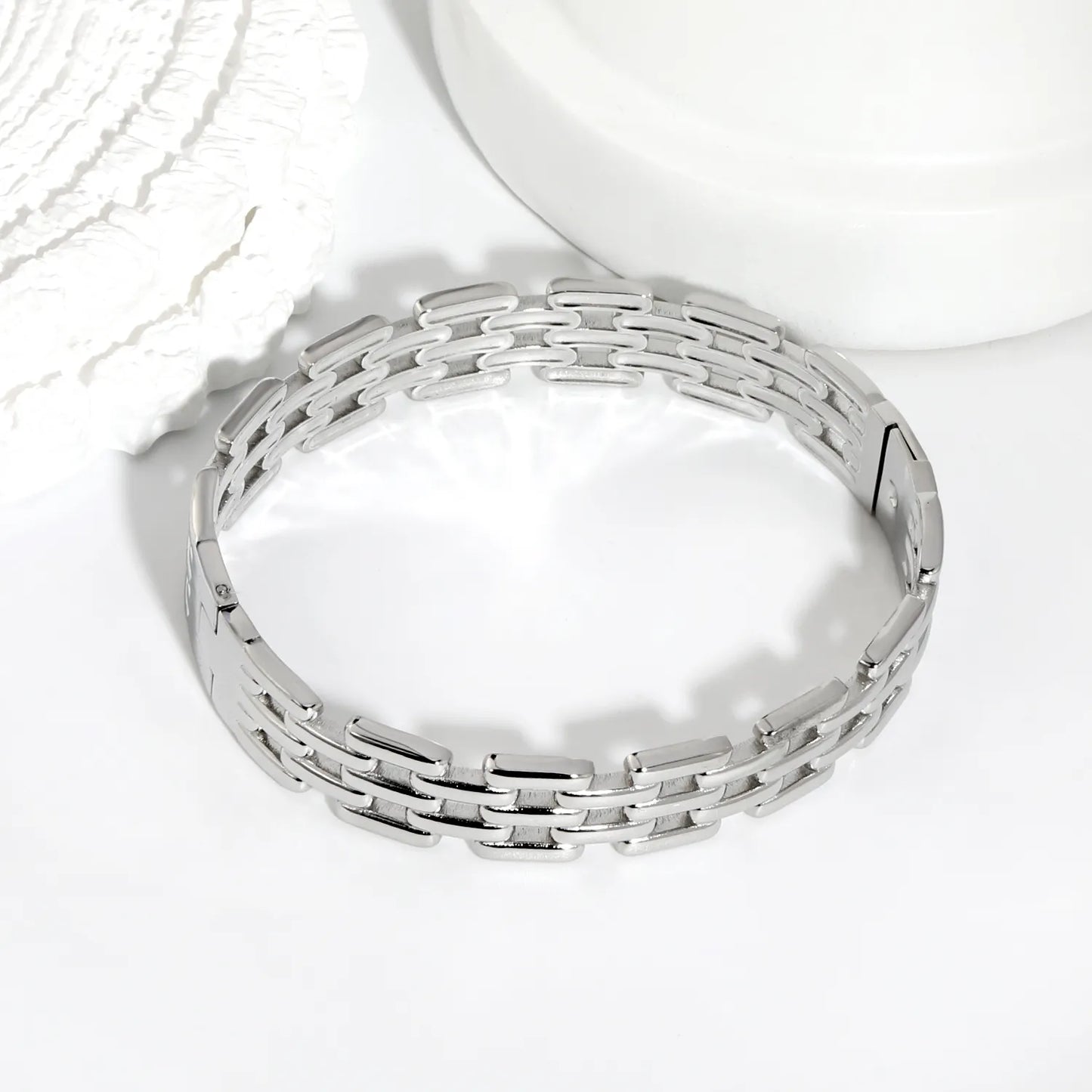 Multi-Row Rectangle Link Watch Chain Bracelet | 12mm Width | Silver & Gold Options | Polished Stainless Steel Wrist Band Bulk Order Wholesale Vendor Supply