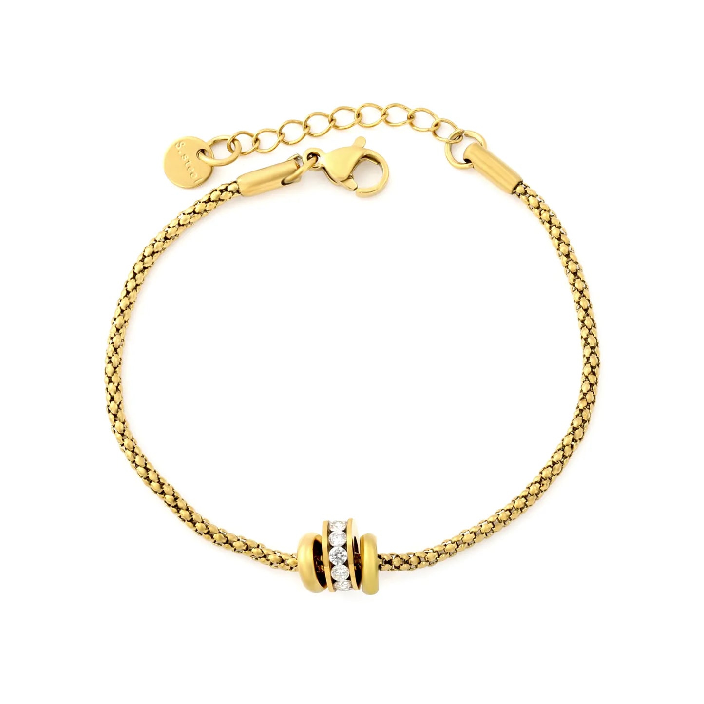 Round Bead Inlaid Zircon Three Barrel Slide Charm Popcorn Chain Bracelet |  17+3cm Adjustable Extension Length