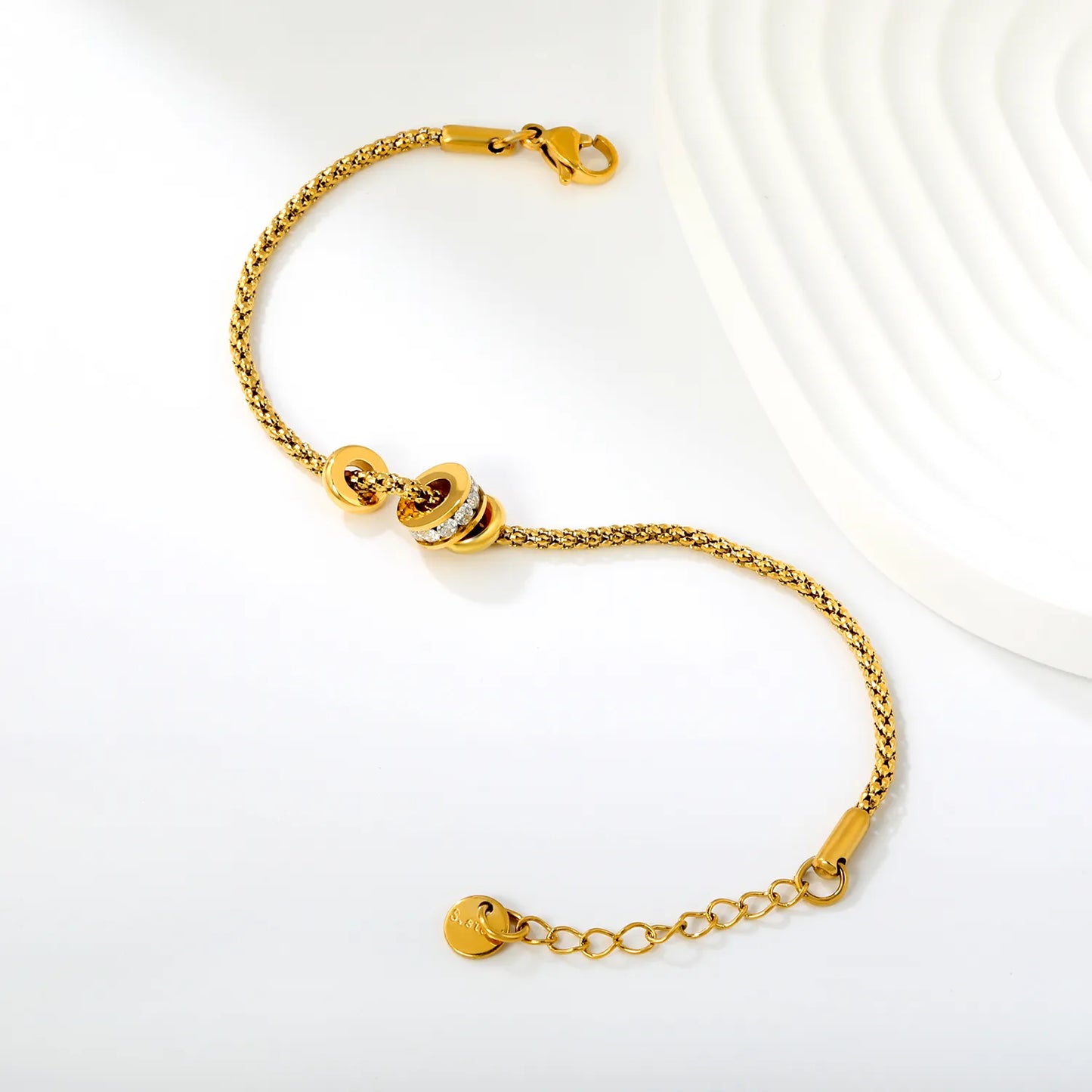 Round Bead Inlaid Zircon Three Barrel Slide Charm Popcorn Chain Bracelet |  17+3cm Adjustable Extension Length