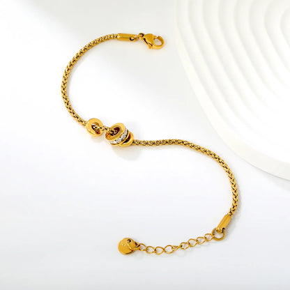 Round Bead Inlaid Zircon Three Barrel Slide Charm Popcorn Chain Bracelet |  17+3cm Adjustable Extension Length