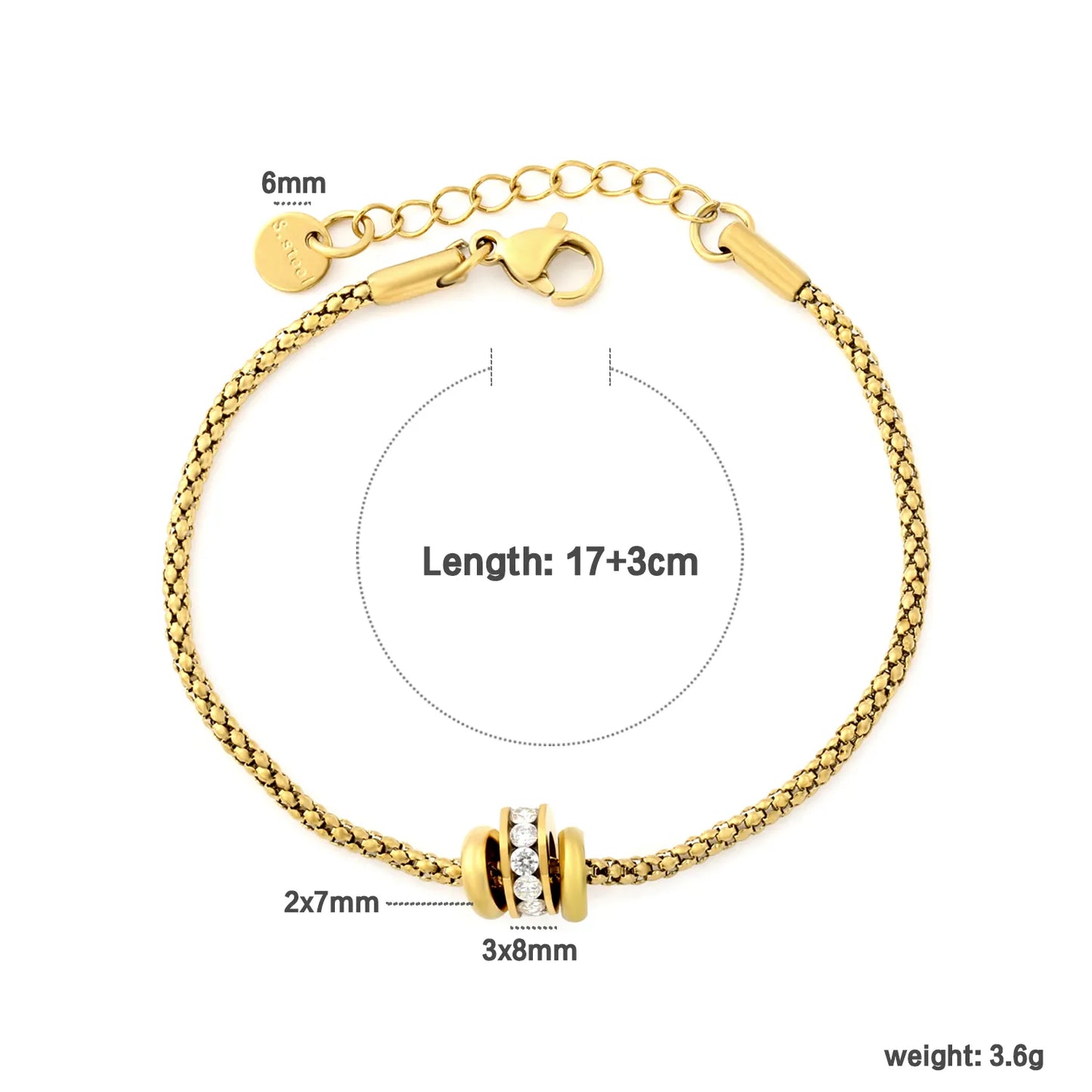 Round Bead Inlaid Zircon Three Barrel Slide Charm Popcorn Chain Bracelet |  17+3cm Adjustable Extension Length