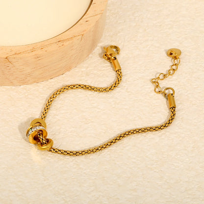 Round Bead Inlaid Zircon Three Barrel Slide Charm Popcorn Chain Bracelet |  17+3cm Adjustable Extension Length