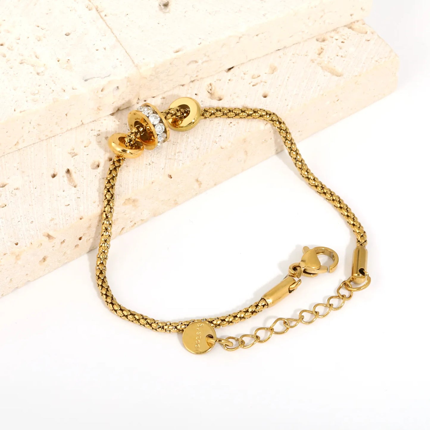Round Bead Inlaid Zircon Three Barrel Slide Charm Popcorn Chain Bracelet |  17+3cm Adjustable Extension Length