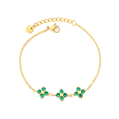 Triple Emerald Zircon Four Leaf Clover Adjustable Extension Bracelet | 18K Gold Plated Hypoallergenic Stainless Steel | MOQ 12