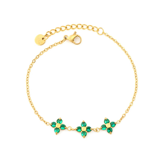 Triple Emerald Zircon Four Leaf Clover Adjustable Extension Bracelet | 18K Gold Plated Hypoallergenic Stainless Steel | MOQ 12