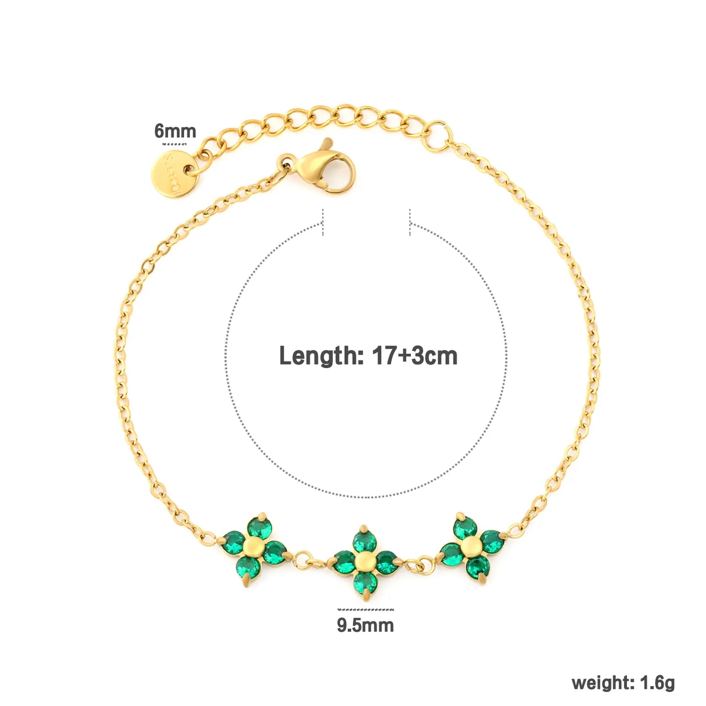 Triple Emerald Zircon Four Leaf Clover Adjustable Extension Bracelet | 18K Gold Plated Hypoallergenic Stainless Steel | MOQ 12