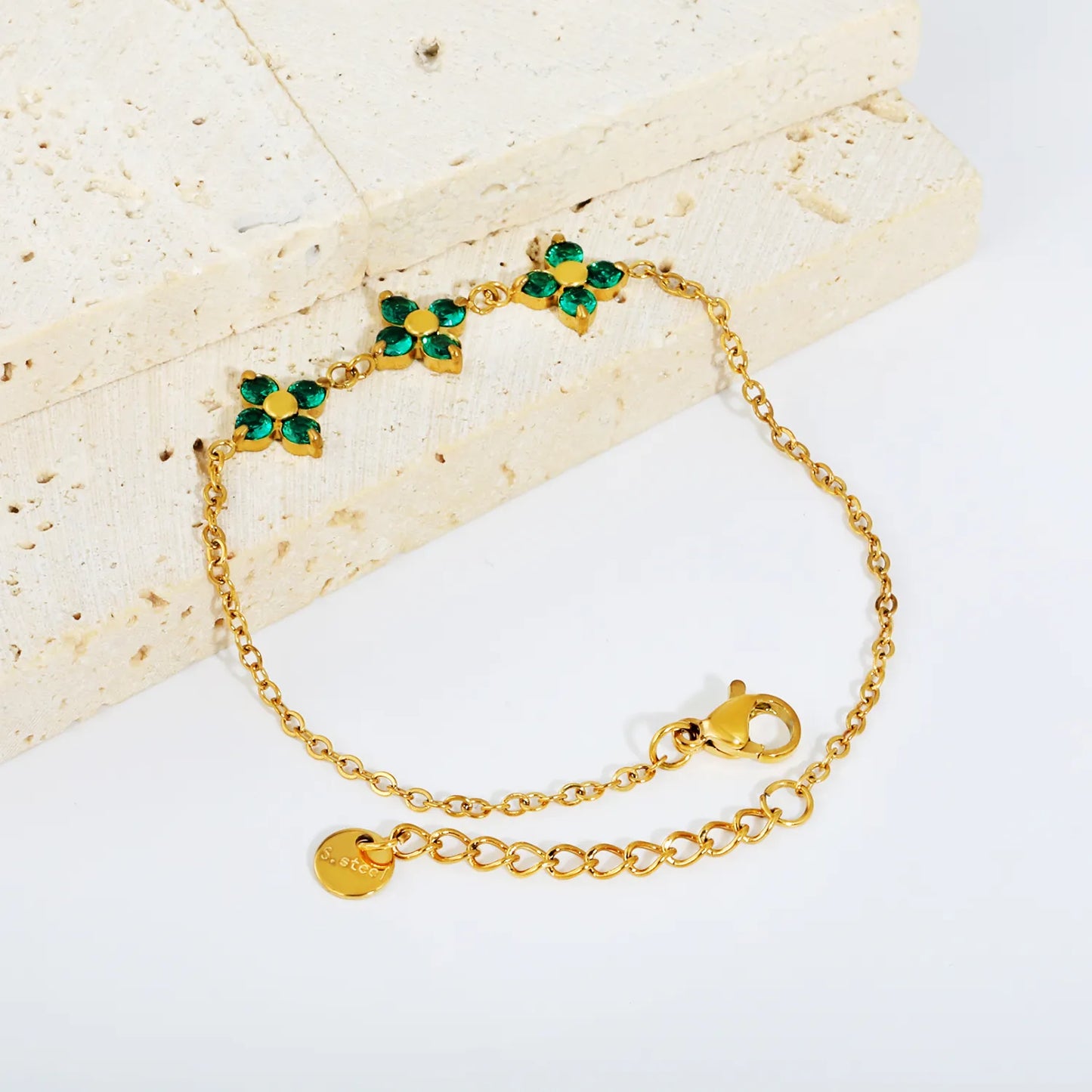 Triple Emerald Zircon Four Leaf Clover Adjustable Extension Bracelet | 18K Gold Plated Hypoallergenic Stainless Steel | MOQ 12