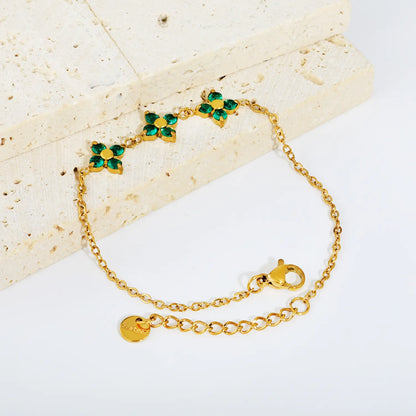 Triple Emerald Zircon Four Leaf Clover Adjustable Extension Bracelet | 18K Gold Plated Hypoallergenic Stainless Steel | MOQ 12
