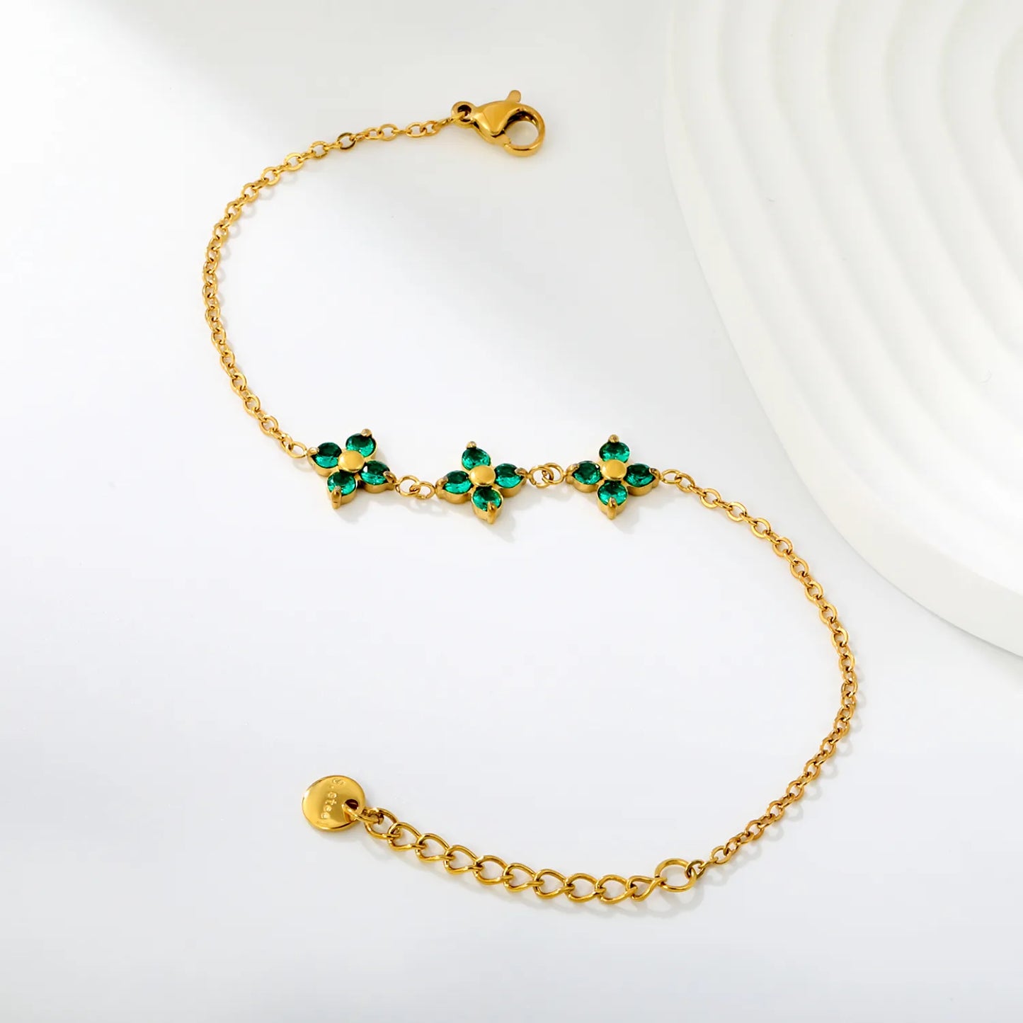 Triple Emerald Zircon Four Leaf Clover Adjustable Extension Bracelet | 18K Gold Plated Hypoallergenic Stainless Steel | MOQ 12