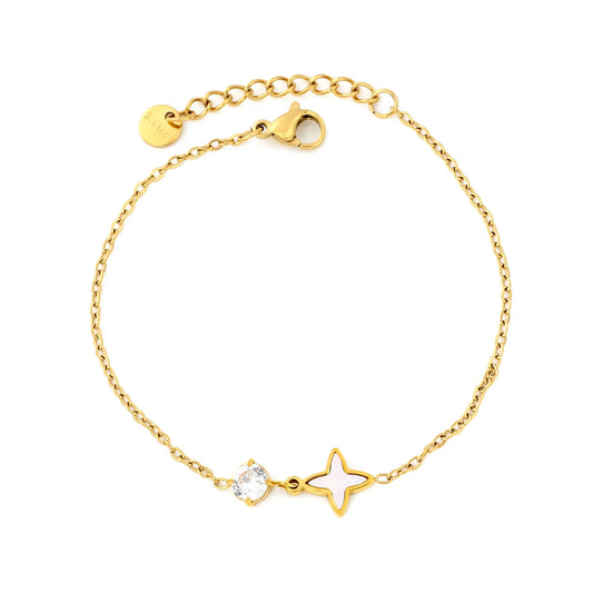 Single Round Zircon Inlaid Mother Of Pearl Four Pointed Star Extension Chain Bracelet | 17+3cm Adjustable Length | Bulk Supply For Jewelry Wholesalers