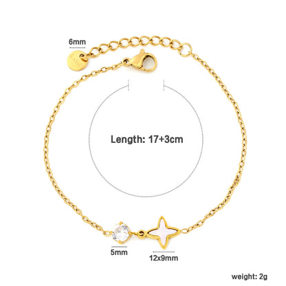 Single Round Zircon Inlaid Mother Of Pearl Four Pointed Star Extension Chain Bracelet | 17+3cm Adjustable Length | Bulk Supply For Jewelry Wholesalers