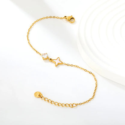 Single Round Zircon Inlaid Mother Of Pearl Four Pointed Star Extension Chain Bracelet | 17+3cm Adjustable Length | Bulk Supply For Jewelry Wholesalers