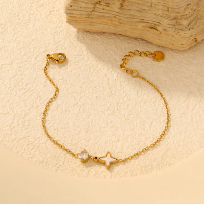 Single Round Zircon Inlaid Mother Of Pearl Four Pointed Star Extension Chain Bracelet | 17+3cm Adjustable Length | Bulk Supply For Jewelry Wholesalers