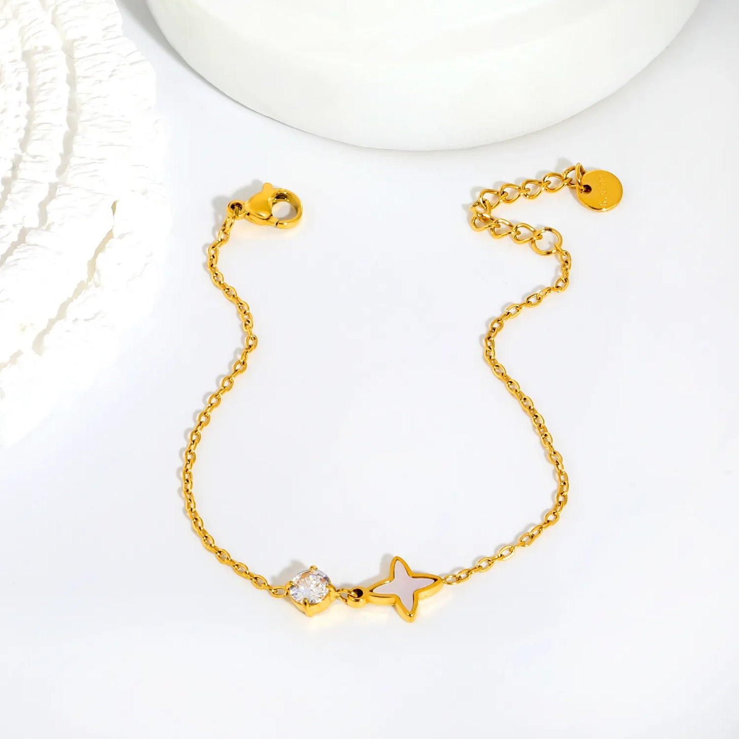 Single Round Zircon Inlaid Mother Of Pearl Four Pointed Star Extension Chain Bracelet | 17+3cm Adjustable Length | Bulk Supply For Jewelry Wholesalers