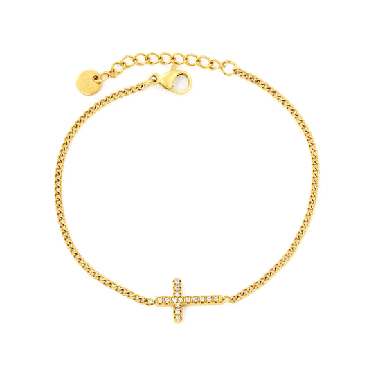 Curb Chain Paved Zircon Cross Adjustable Bracelet with Extended Chain | Wholesale Bulk Stock For Accessory Boutiques