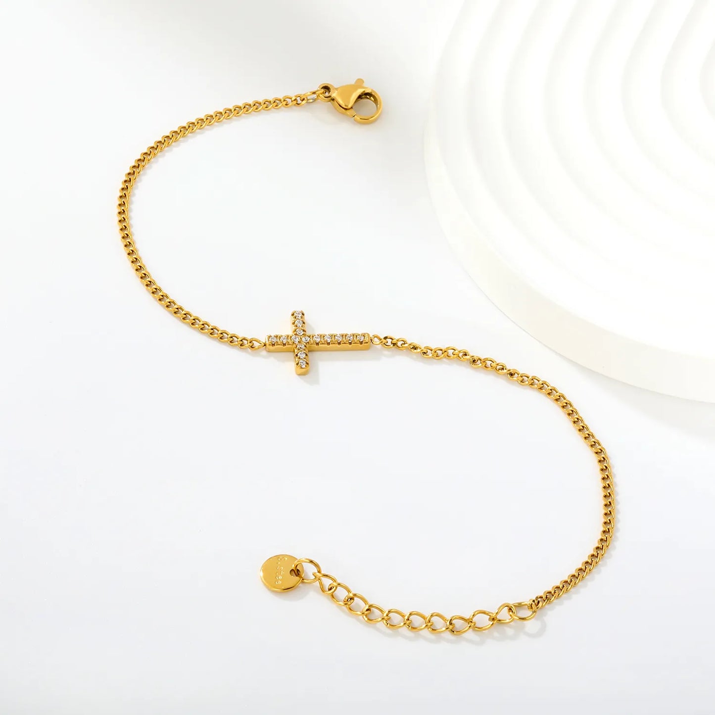 Curb Chain Paved Zircon Cross Adjustable Bracelet with Extended Chain | Wholesale Bulk Stock For Accessory Boutiques