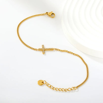 Curb Chain Paved Zircon Cross Adjustable Bracelet with Extended Chain | Wholesale Bulk Stock For Accessory Boutiques