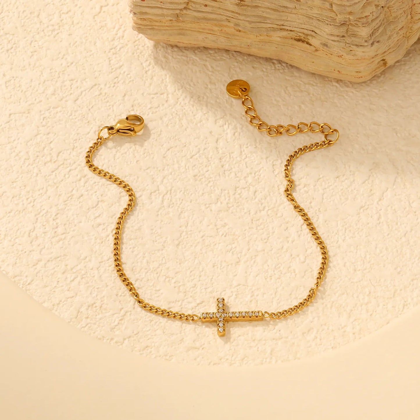 Curb Chain Paved Zircon Cross Adjustable Bracelet with Extended Chain | Wholesale Bulk Stock For Accessory Boutiques