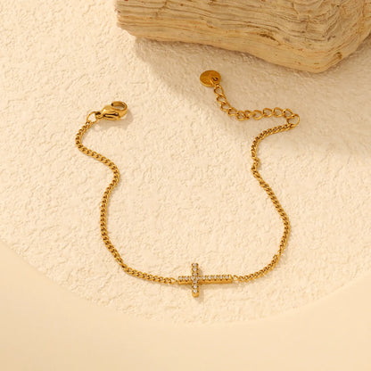 Curb Chain Paved Zircon Cross Adjustable Bracelet with Extended Chain | Wholesale Bulk Stock For Accessory Boutiques