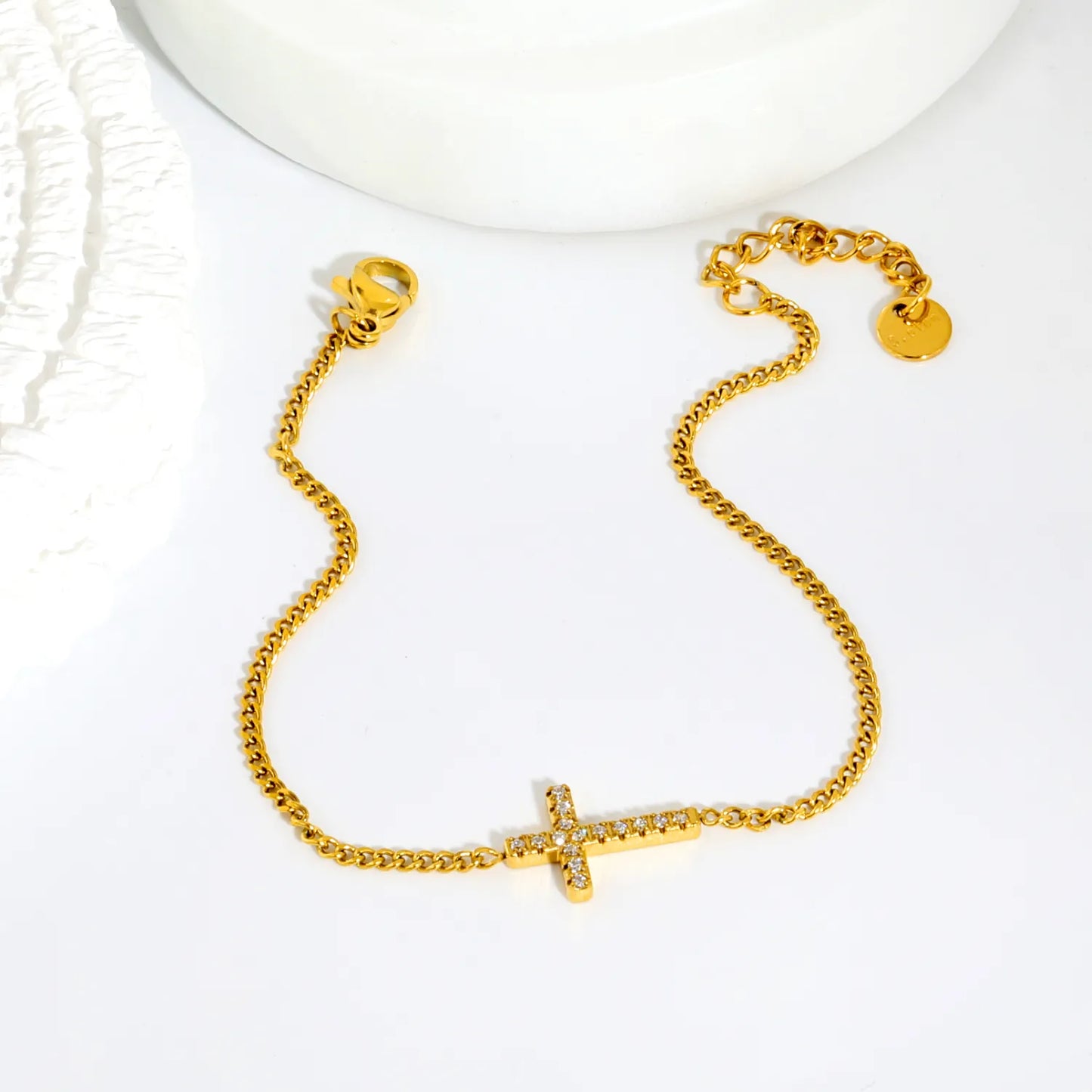 Curb Chain Paved Zircon Cross Adjustable Bracelet with Extended Chain | Wholesale Bulk Stock For Accessory Boutiques