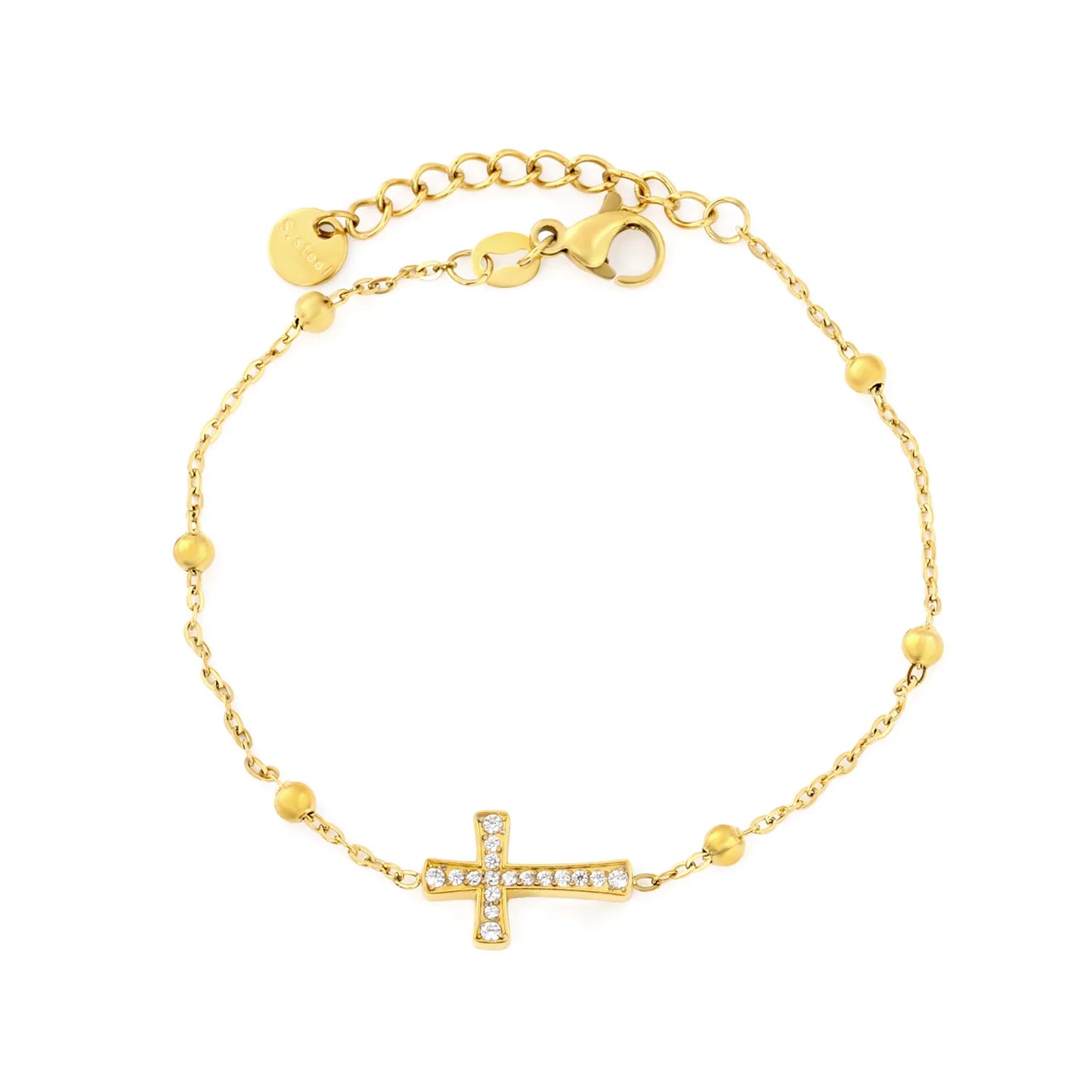 Horizontal Full Paved Zircon Cross Beaded Adjustable Chain Bracelet | 17+3cm Customizable Length | 18K Gold Plated Hypoallergenic Stainless Steel Dainty Wrist Chain