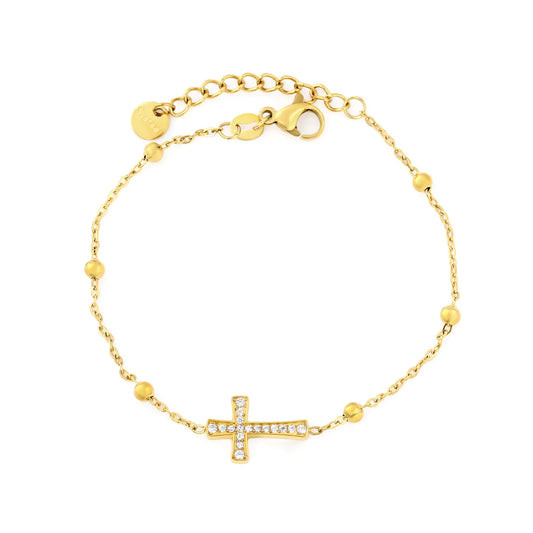 Horizontal Full Paved Zircon Cross Beaded Adjustable Chain Bracelet | 17+3cm Customizable Length | 18K Gold Plated Hypoallergenic Stainless Steel Dainty Wrist Chain