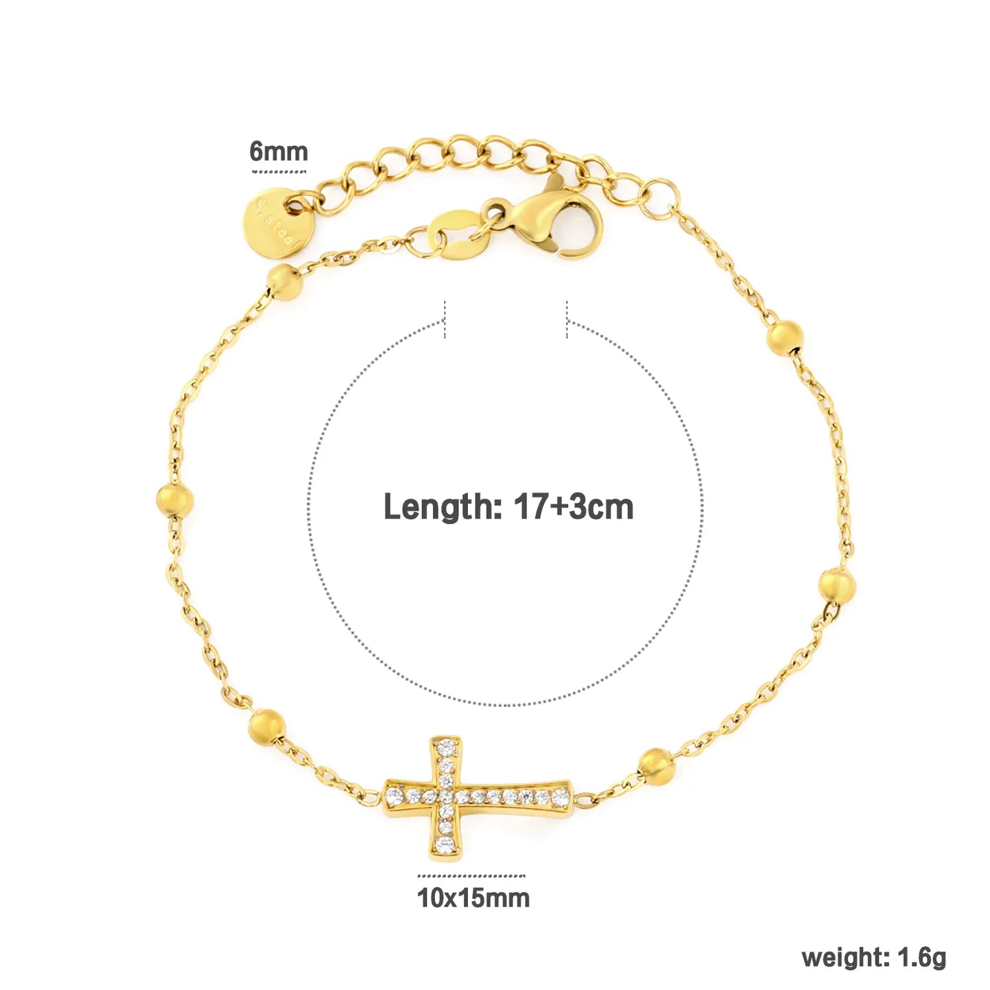 Horizontal Full Paved Zircon Cross Beaded Adjustable Chain Bracelet | 17+3cm Customizable Length | 18K Gold Plated Hypoallergenic Stainless Steel Dainty Wrist Chain