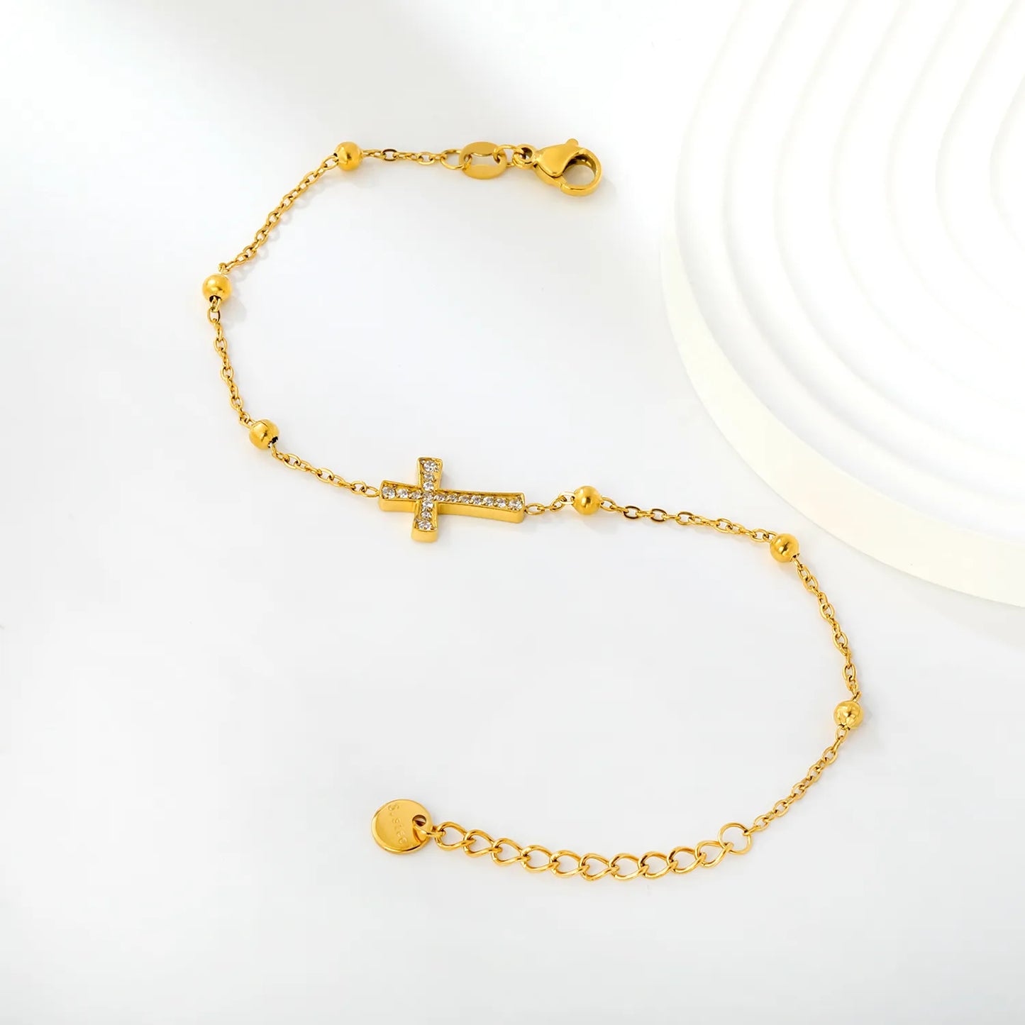 Horizontal Full Paved Zircon Cross Beaded Adjustable Chain Bracelet | 17+3cm Customizable Length | 18K Gold Plated Hypoallergenic Stainless Steel Dainty Wrist Chain