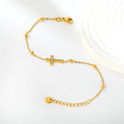 Horizontal Full Paved Zircon Cross Beaded Adjustable Chain Bracelet | 17+3cm Customizable Length | 18K Gold Plated Hypoallergenic Stainless Steel Dainty Wrist Chain
