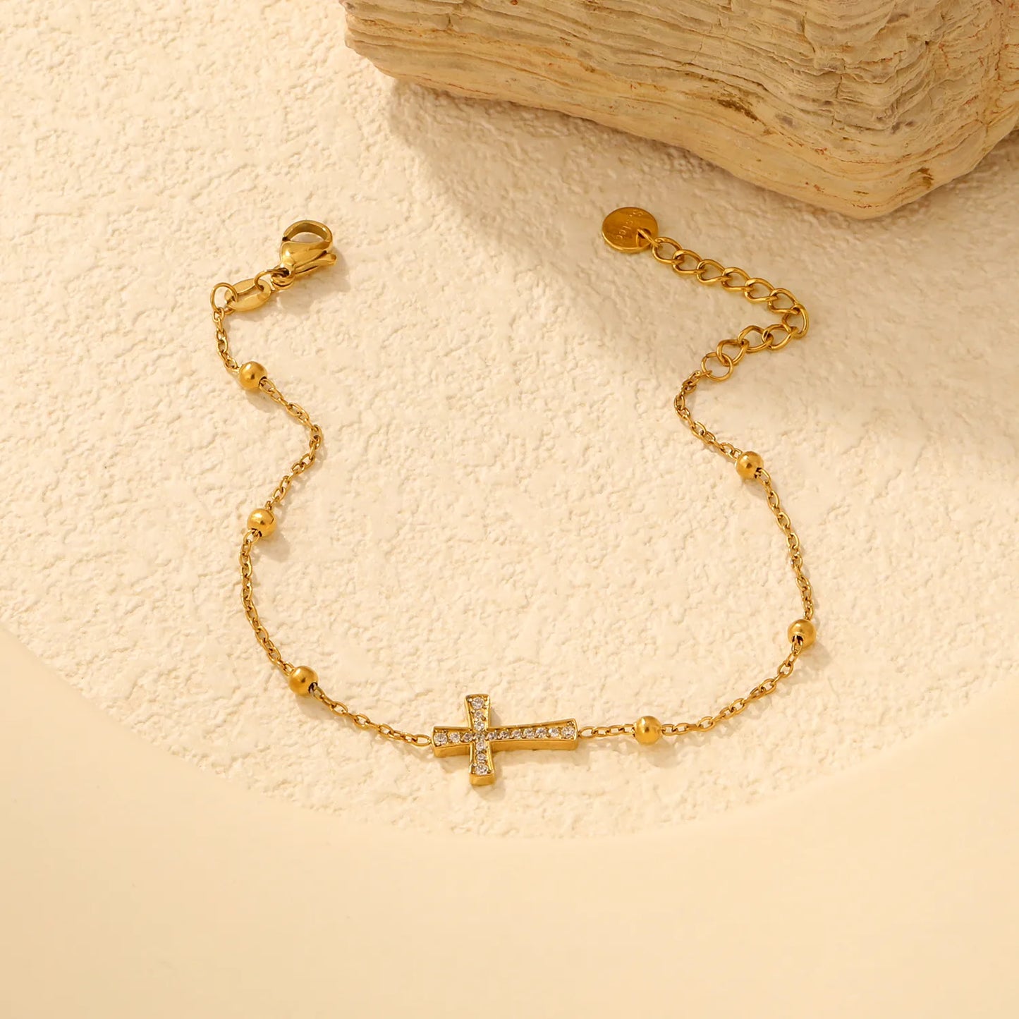 Horizontal Full Paved Zircon Cross Beaded Adjustable Chain Bracelet | 17+3cm Customizable Length | 18K Gold Plated Hypoallergenic Stainless Steel Dainty Wrist Chain