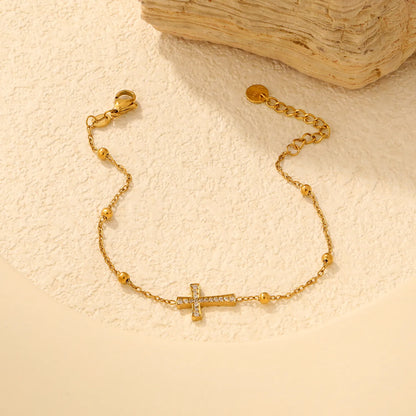 Horizontal Full Paved Zircon Cross Beaded Adjustable Chain Bracelet | 17+3cm Customizable Length | 18K Gold Plated Hypoallergenic Stainless Steel Dainty Wrist Chain