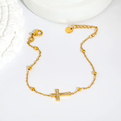 Horizontal Full Paved Zircon Cross Beaded Adjustable Chain Bracelet | 17+3cm Customizable Length | 18K Gold Plated Hypoallergenic Stainless Steel Dainty Wrist Chain