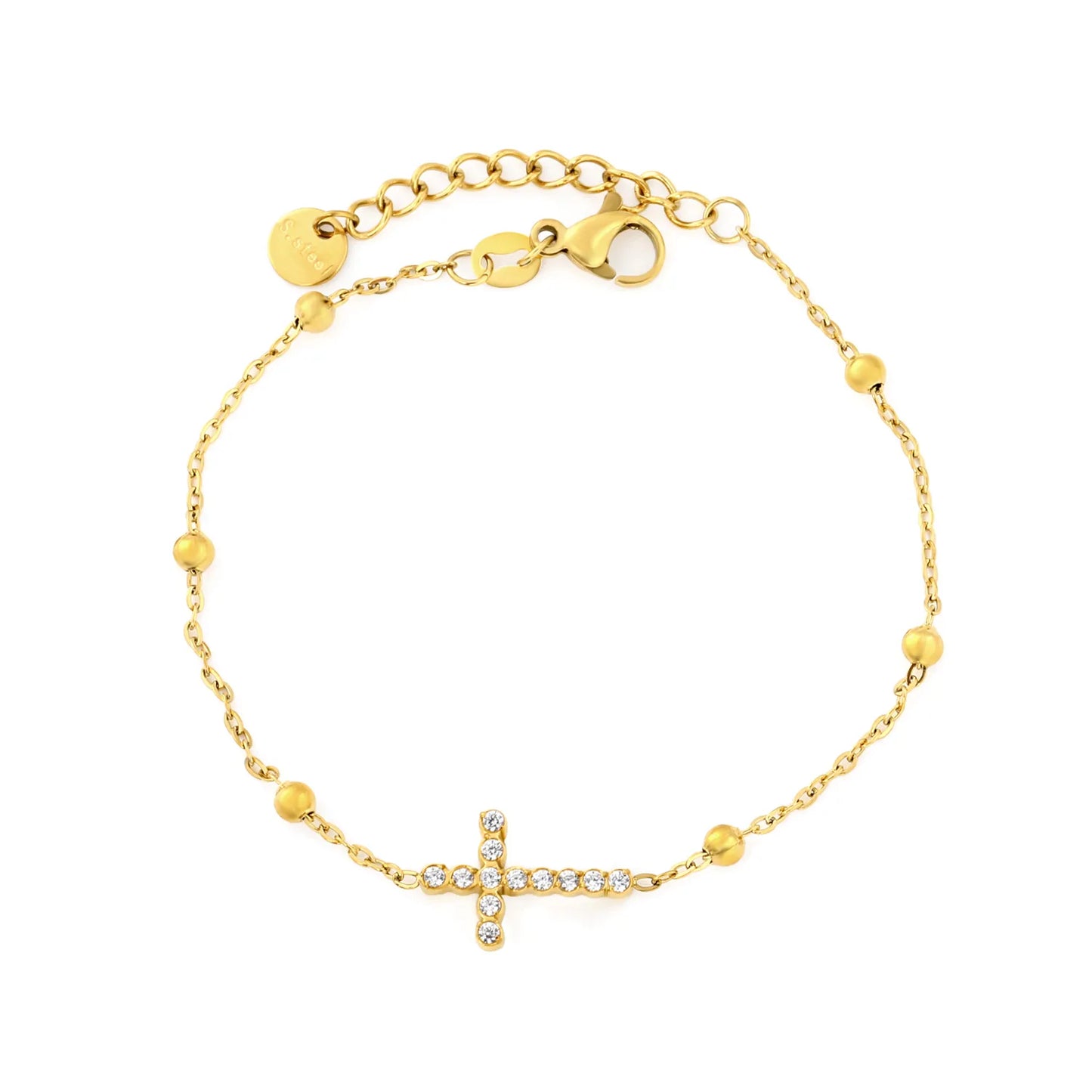 Crystal Paved Cross Beaded Extension Chain Bracelet | 17+3cm Adjustable Wrist Length | 18K Gold Plated Stainless Steel Dainty Wrist Chain Wholesale MOQ 12