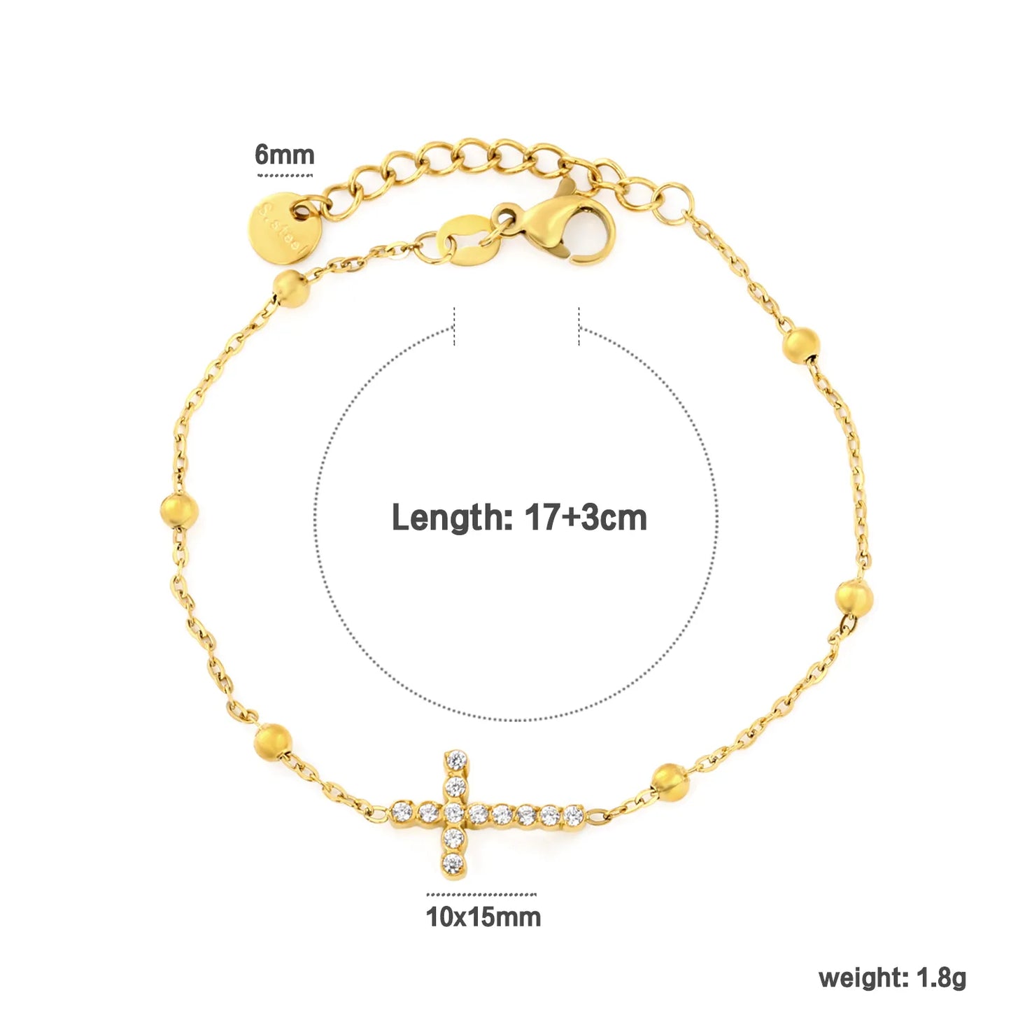Crystal Paved Cross Beaded Extension Chain Bracelet | 17+3cm Adjustable Wrist Length | 18K Gold Plated Stainless Steel Dainty Wrist Chain Wholesale MOQ 12