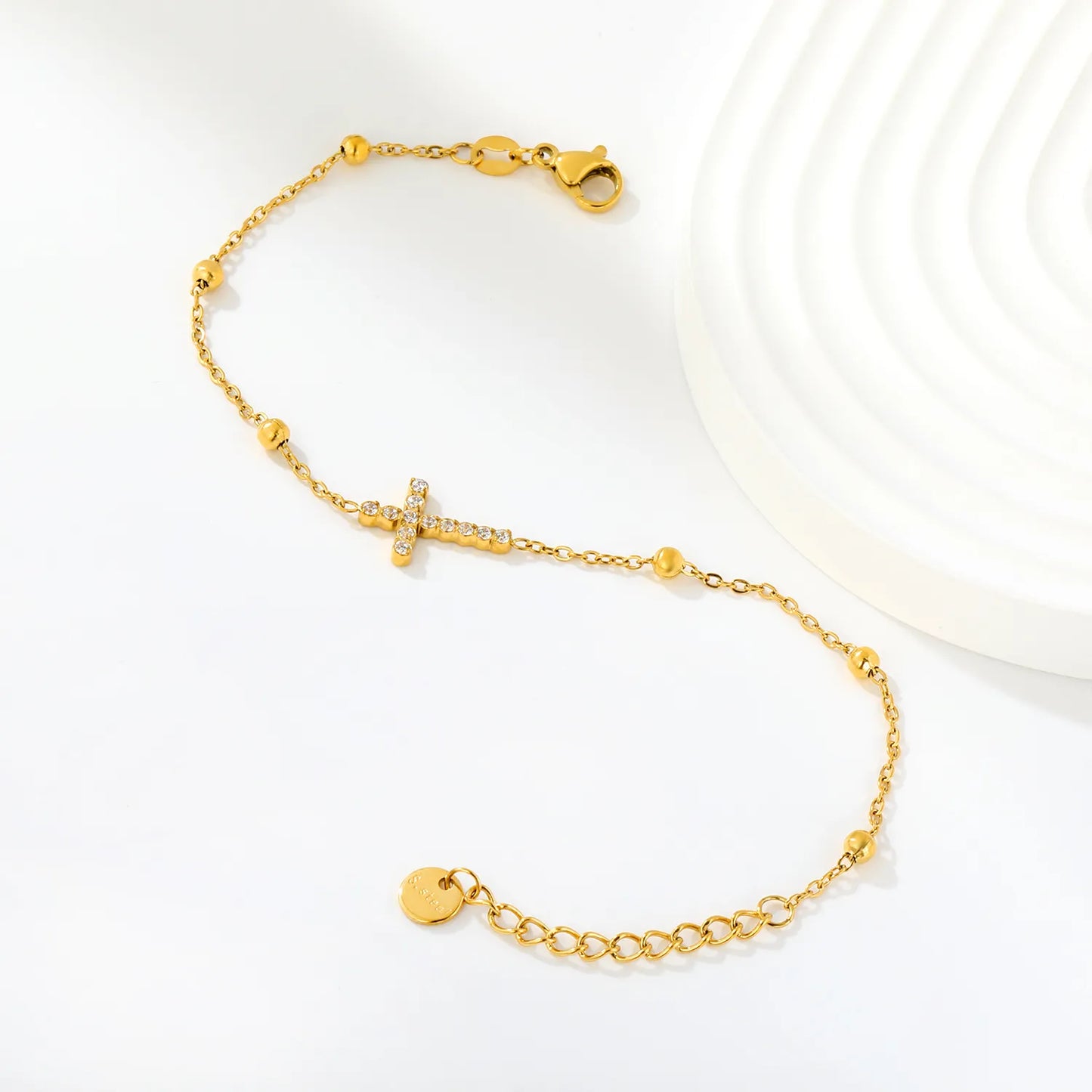 Crystal Paved Cross Beaded Extension Chain Bracelet | 17+3cm Adjustable Wrist Length | 18K Gold Plated Stainless Steel Dainty Wrist Chain Wholesale MOQ 12