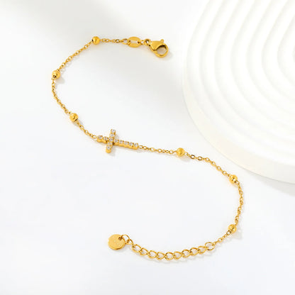 Crystal Paved Cross Beaded Extension Chain Bracelet | 17+3cm Adjustable Wrist Length | 18K Gold Plated Stainless Steel Dainty Wrist Chain Wholesale MOQ 12