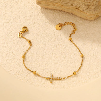 Crystal Paved Cross Beaded Extension Chain Bracelet | 17+3cm Adjustable Wrist Length | 18K Gold Plated Stainless Steel Dainty Wrist Chain Wholesale MOQ 12