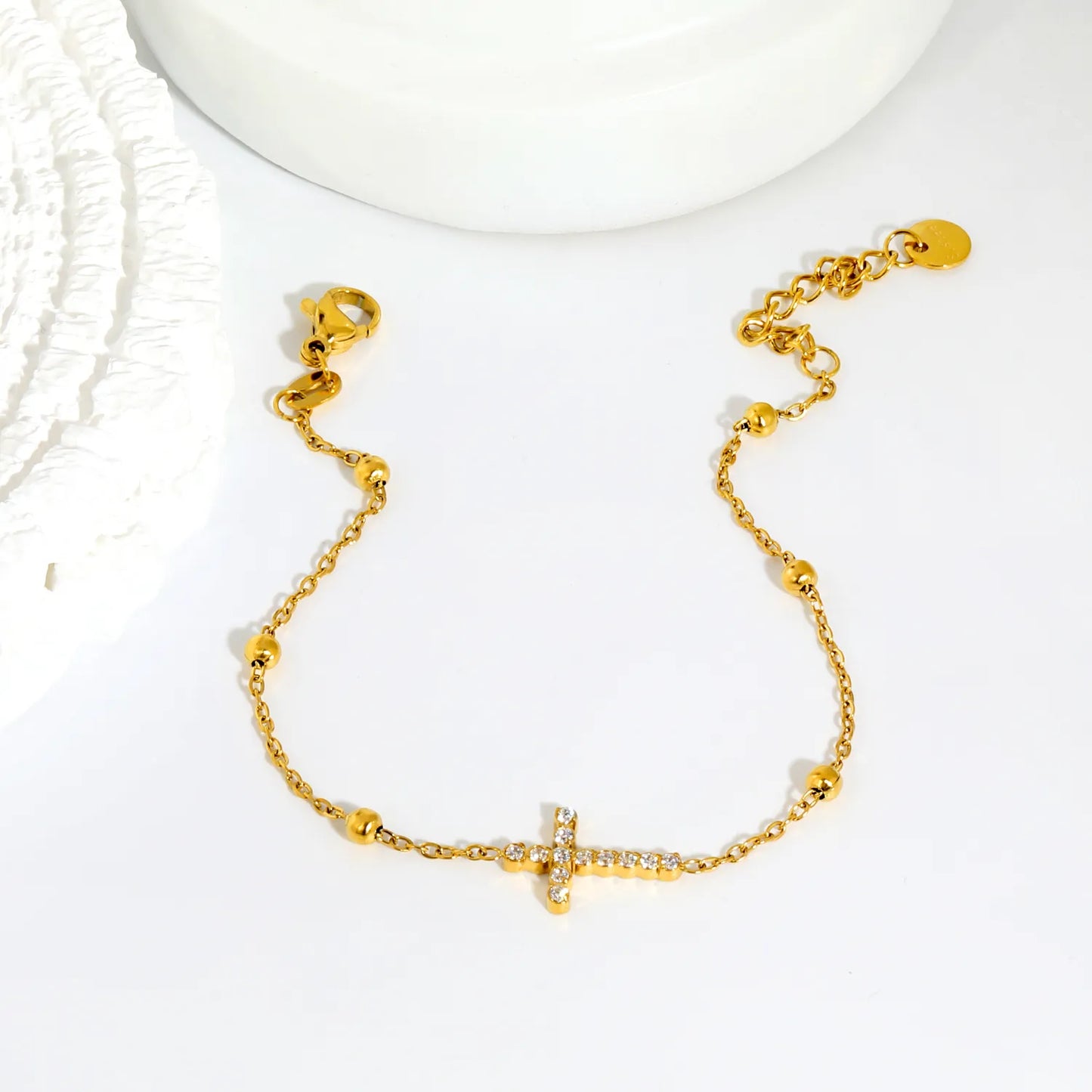 Crystal Paved Cross Beaded Extension Chain Bracelet | 17+3cm Adjustable Wrist Length | 18K Gold Plated Stainless Steel Dainty Wrist Chain Wholesale MOQ 12