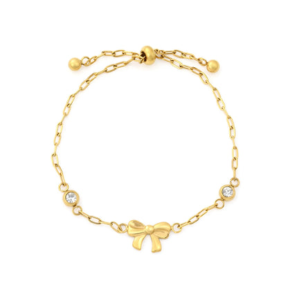 Solid Bow Pendant Two Side Round Zircon Paperclip Chain Slider Adjustable Bracelet | 18K Gold Plated Hypoallergenic Stainless Steel Feminine Wrist Chain Bulk Wholesale
