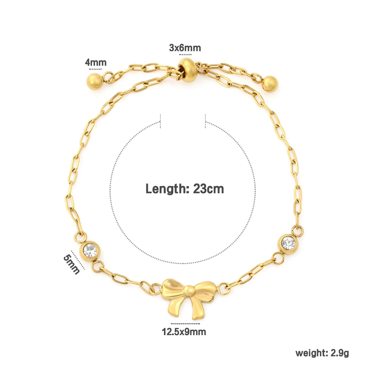 Solid Bow Pendant Two Side Round Zircon Paperclip Chain Slider Adjustable Bracelet | 18K Gold Plated Hypoallergenic Stainless Steel Feminine Wrist Chain Bulk Wholesale