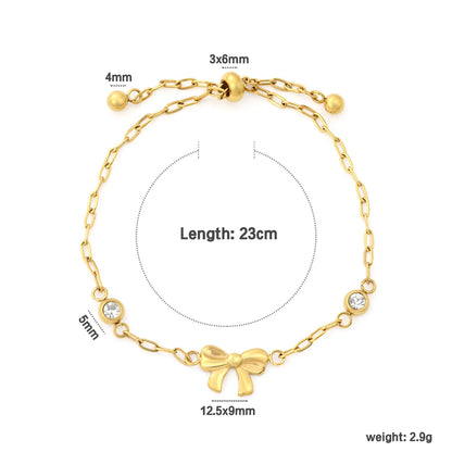 Solid Bow Pendant Two Side Round Zircon Paperclip Chain Slider Adjustable Bracelet | 18K Gold Plated Hypoallergenic Stainless Steel Feminine Wrist Chain Bulk Wholesale