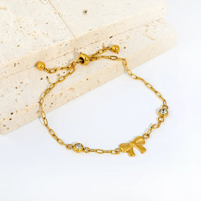 Solid Bow Pendant Two Side Round Zircon Paperclip Chain Slider Adjustable Bracelet | 18K Gold Plated Hypoallergenic Stainless Steel Feminine Wrist Chain Bulk Wholesale