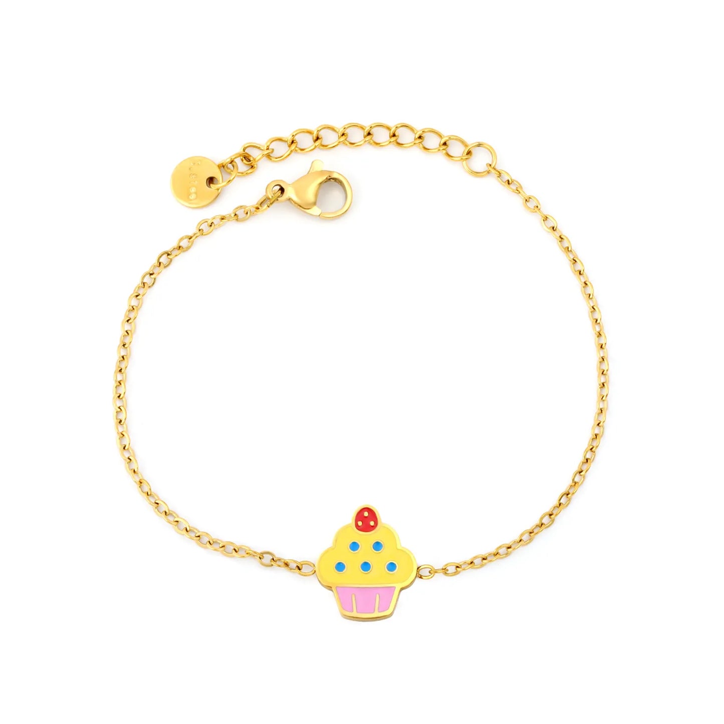 Colorful Enamel Cupcake Charm Adjustable Cable Chain Bracelet |  18K Gold Plated Stainless Steel Kids Dainty Wrist Chain | Wholesale MOQ 12