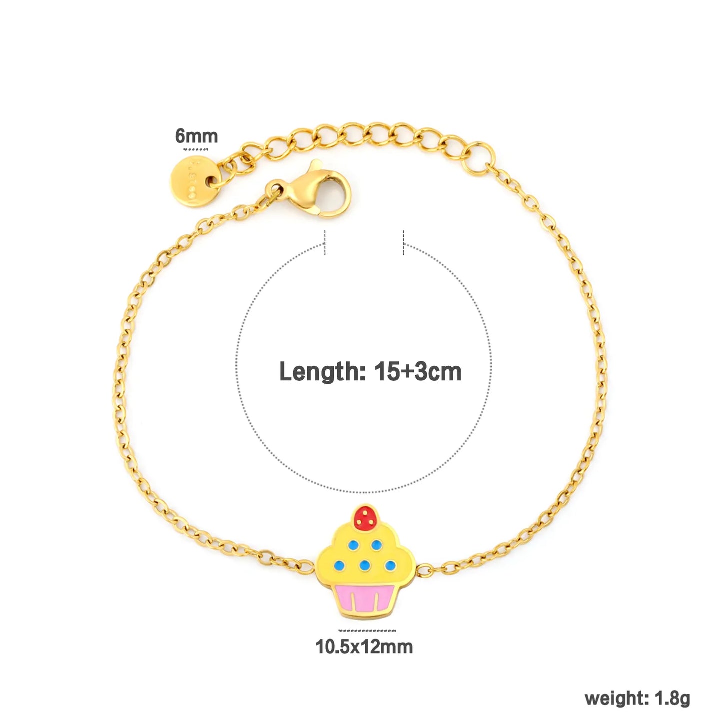 Colorful Enamel Cupcake Charm Adjustable Cable Chain Bracelet |  18K Gold Plated Stainless Steel Kids Dainty Wrist Chain | Wholesale MOQ 12