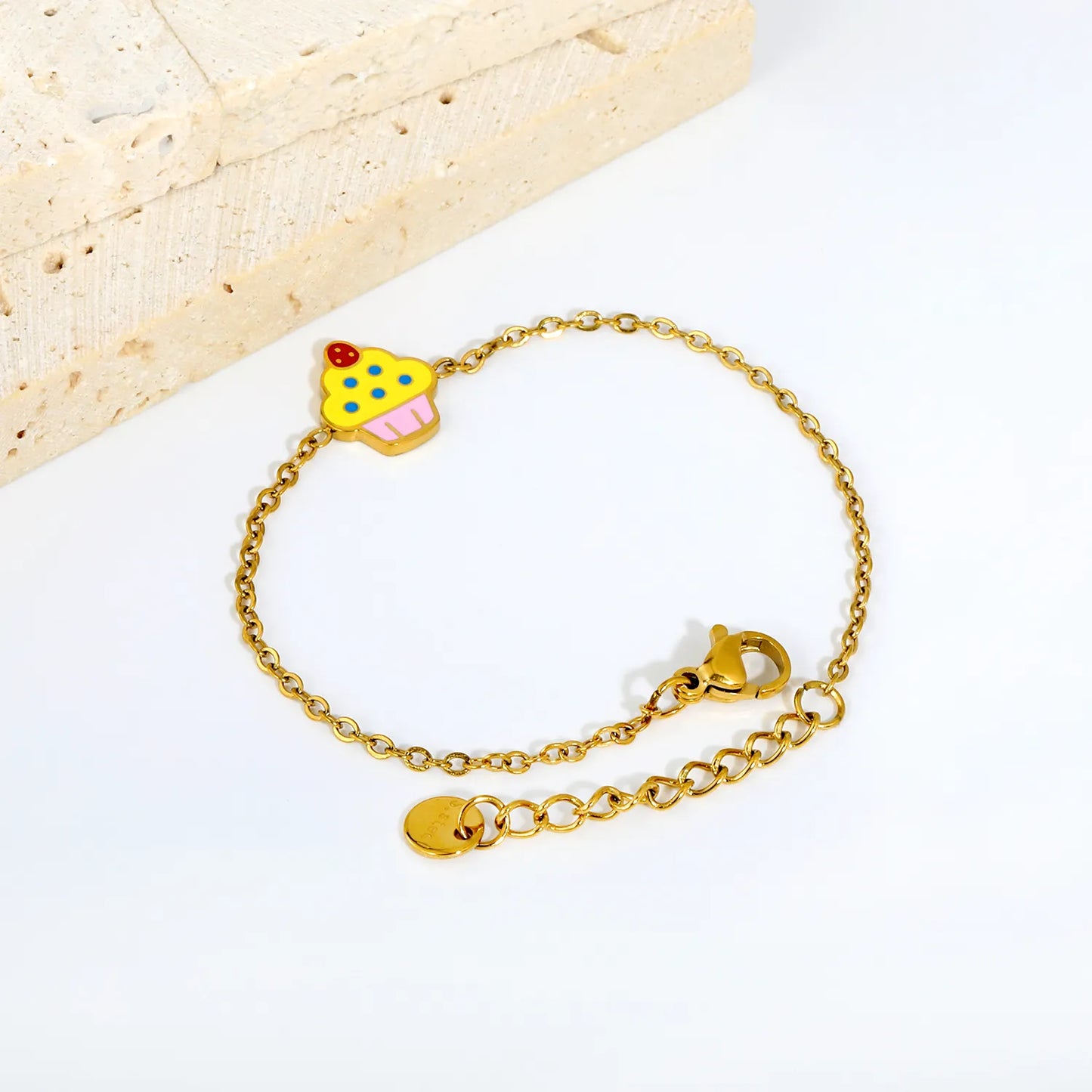 Colorful Enamel Cupcake Charm Adjustable Cable Chain Bracelet |  18K Gold Plated Stainless Steel Kids Dainty Wrist Chain | Wholesale MOQ 12